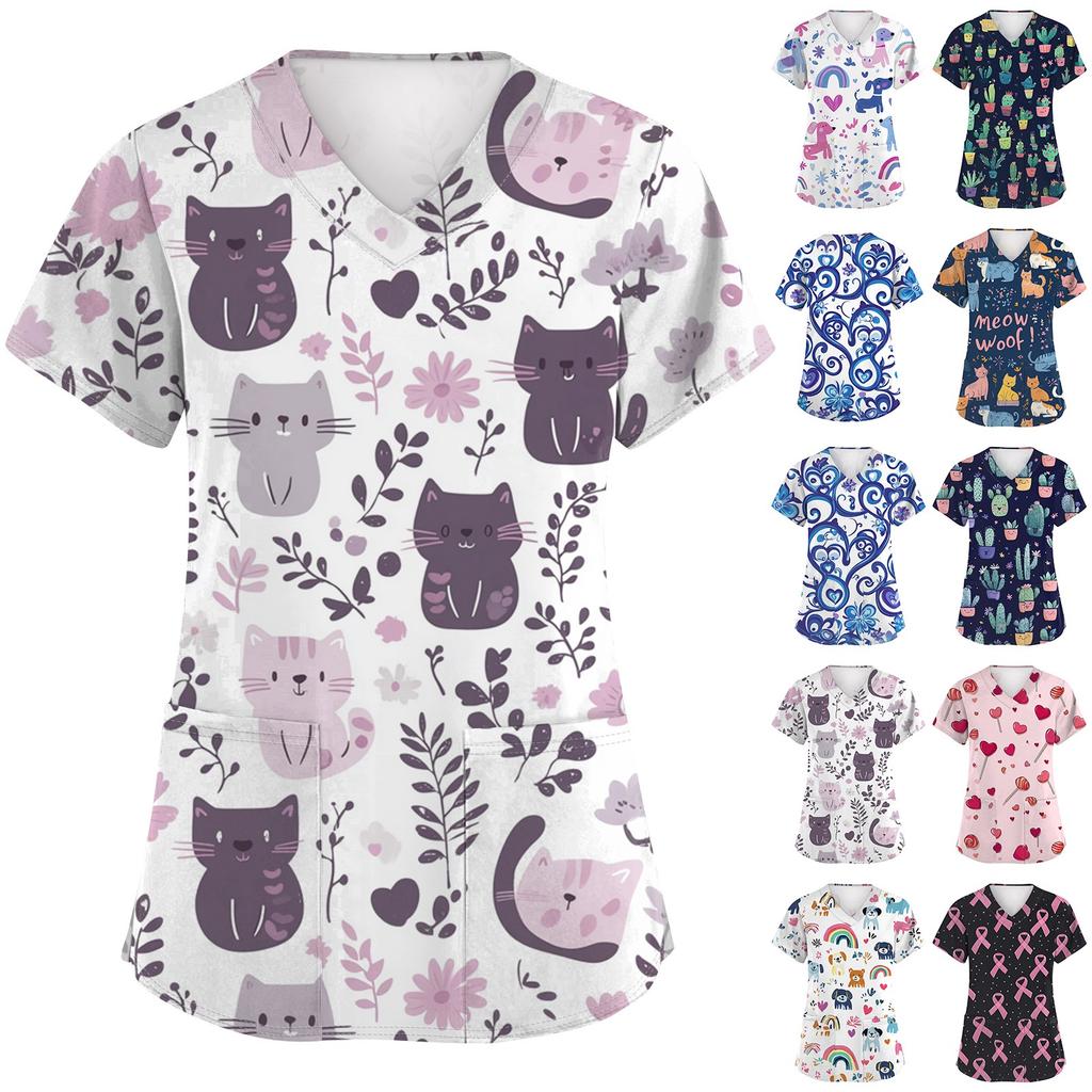 Женская модная футболка с короткими рукавами и v-образным вырезом с принтом, маленькая рабочая футболка с карманами