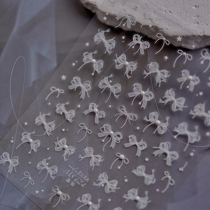 Наклейка для ногтей в форме банта из жемчужного кружева с рельефными бриллиантами, клейкая наклейка для улучшения стереоскопического дизайна своими руками