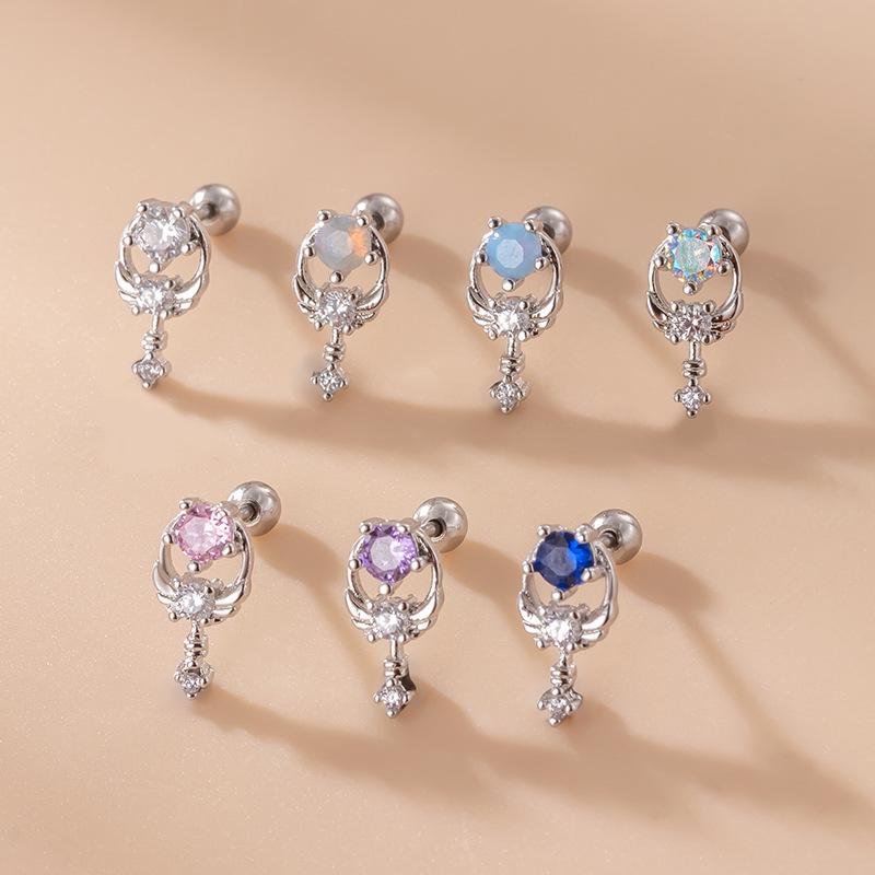 Корейская мода Разноцветные циркониевые серьги-пусеты с двойным наконечником из нержавеющей стали для хряща