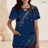 Women Plus Size Keyhole Neck Short Sleeve Star Printed Navy Nurse Scrub Top With Front Pockets