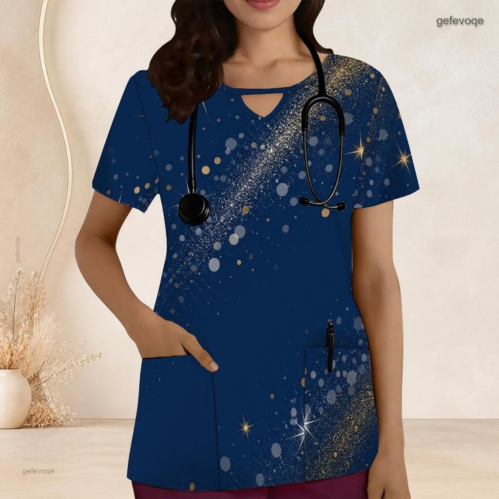 Women Plus Size Keyhole Neck Short Sleeve Star Printed Navy Nurse Scrub Top With Front Pockets