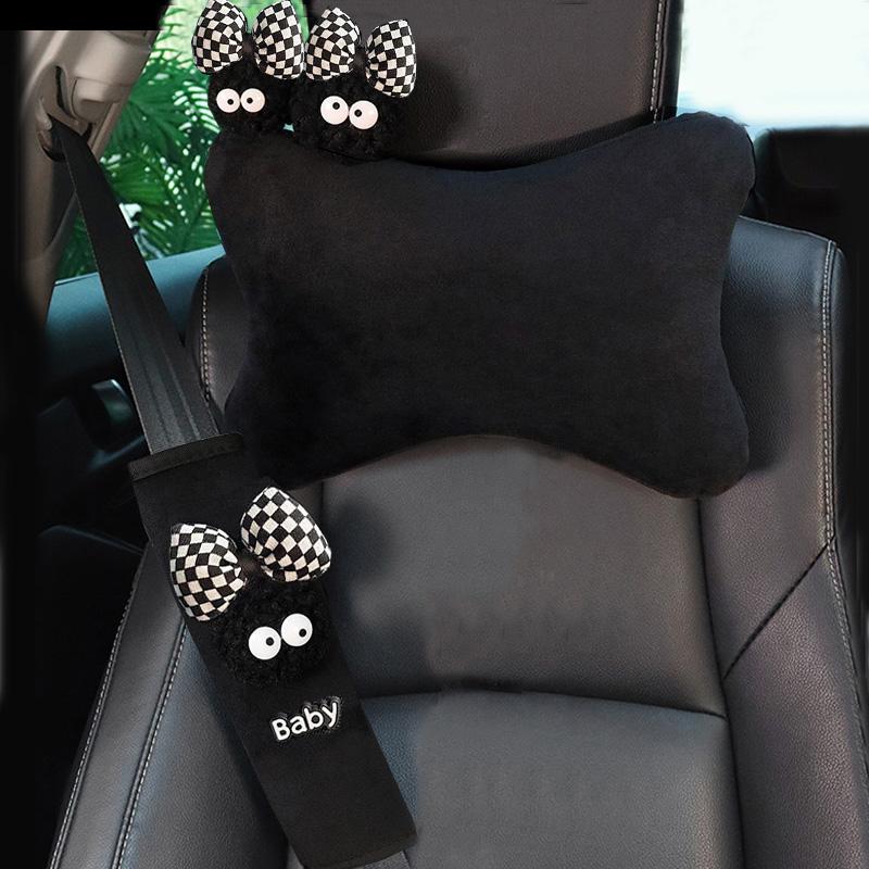 Cute Cartoon Car Pillow Coal Ball Bow Universal Auto Seat Headrest Neck Support Seatbelt Cover Interior Accessories for Women