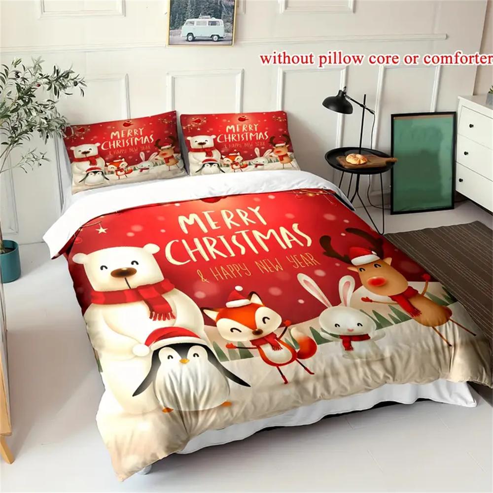 Christmas Cartoon Reindeer Penguin Fox White Rabbit Snow Field Print Soft Bedding Set For Bedroom Dorm Room Comfortable