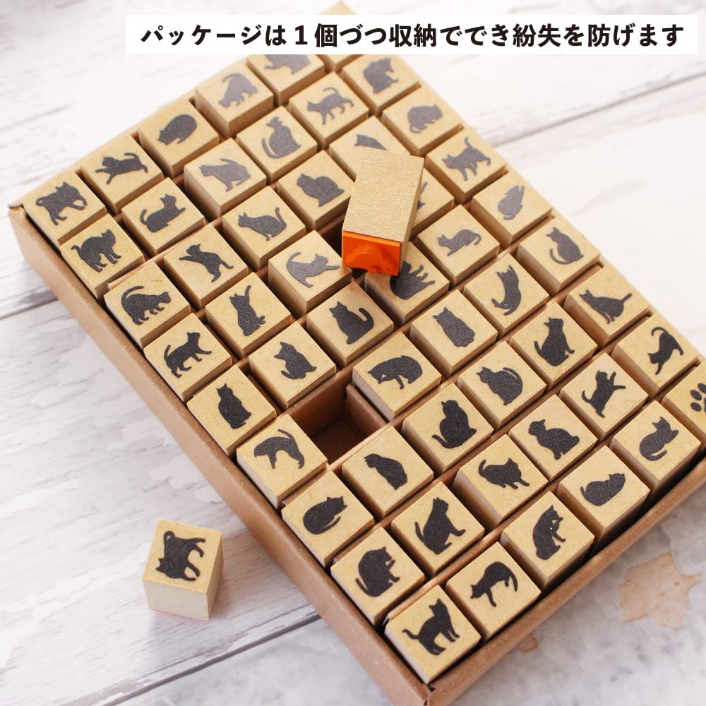 Cute Black Cat and Stylish Cat Set of Wooden Rubber A Great Made In Merchandise, Stationery, Stamps. 54-piece Stamps. Gift. Japan.