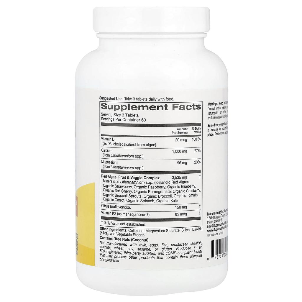 Calcium from seaweed, calcium, vitamin d3, magnesium, organic strawberries, raspberries, blueberries, 180 tablets