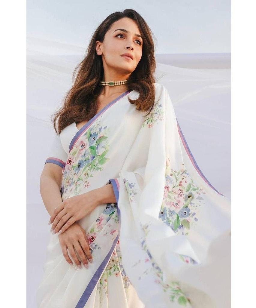 Индийское дизайнерское вечернее платье Моховый шелк Сари Сари Женское Болливудское с принтом Белое сари