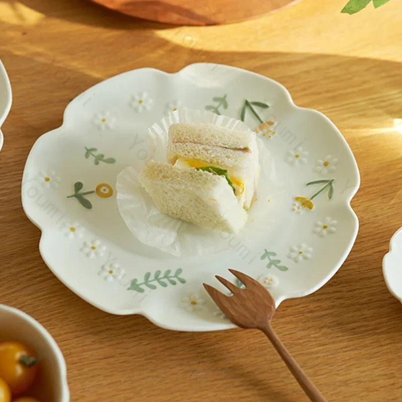 Керамические тарелки с цветочным рельефом, креативная круглая тарелка для рыбы высокого класса, изысканные блюда, обеденная тарелка, изысканная домашняя посуда
