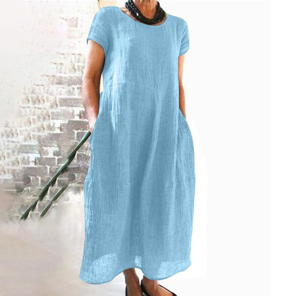 Женское летнее повседневное однотонное хлопково-льняное платье с короткими рукавами и круглым вырезом с карманами