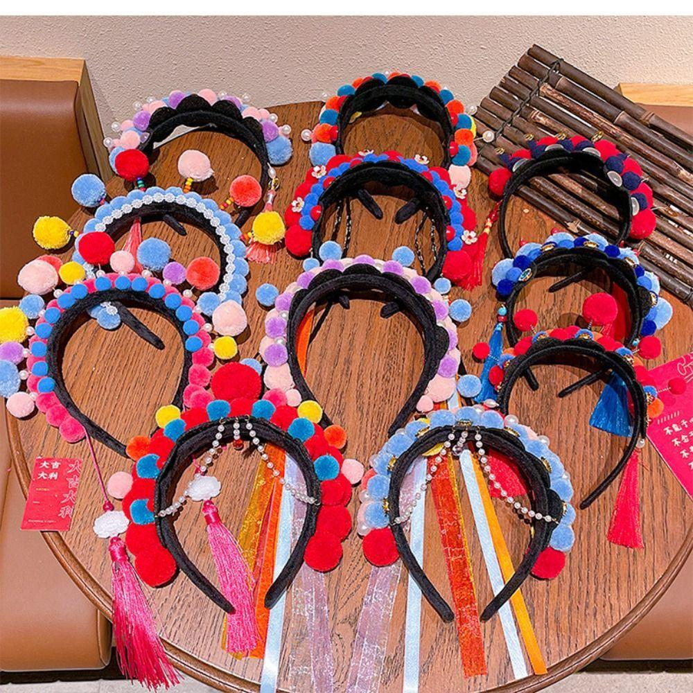 Жемчужная повязка на голову для Пекинской оперы с кисточкой, в древнем стиле, красная повязка для волос, подходящая ко всему, головной убор для ханьфу, детская