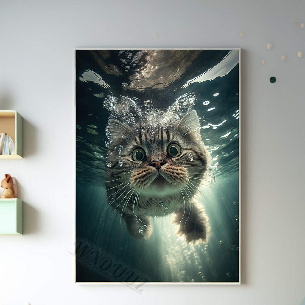Funny Cute Swimming Cats Pictures For Cat Lovers Room Living Canvas Painting Art Home Wall Decor Print Aesthetics Posters Gift