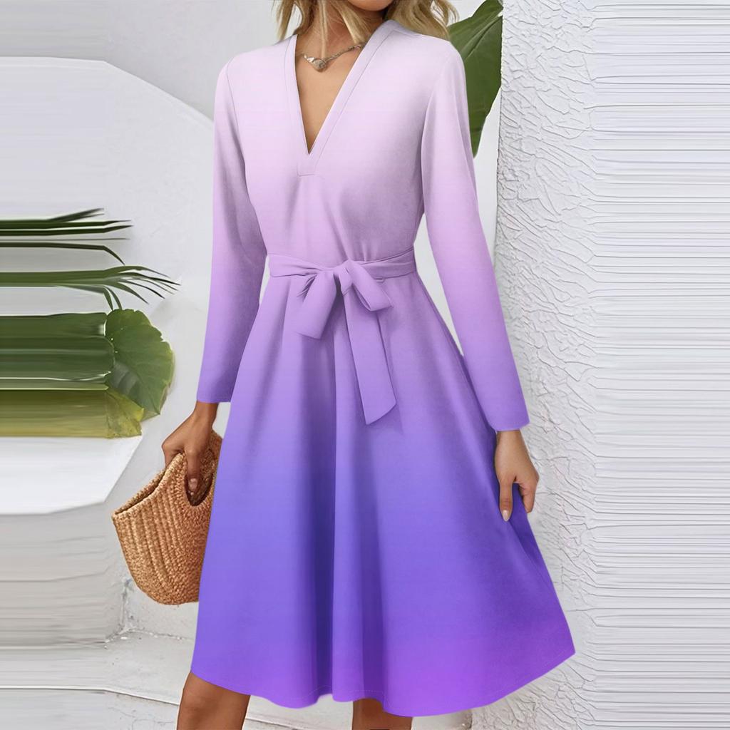 Женское модное повседневное платье миди с V-образным вырезом, длинными рукавами, приталенное, с градиентным принтом