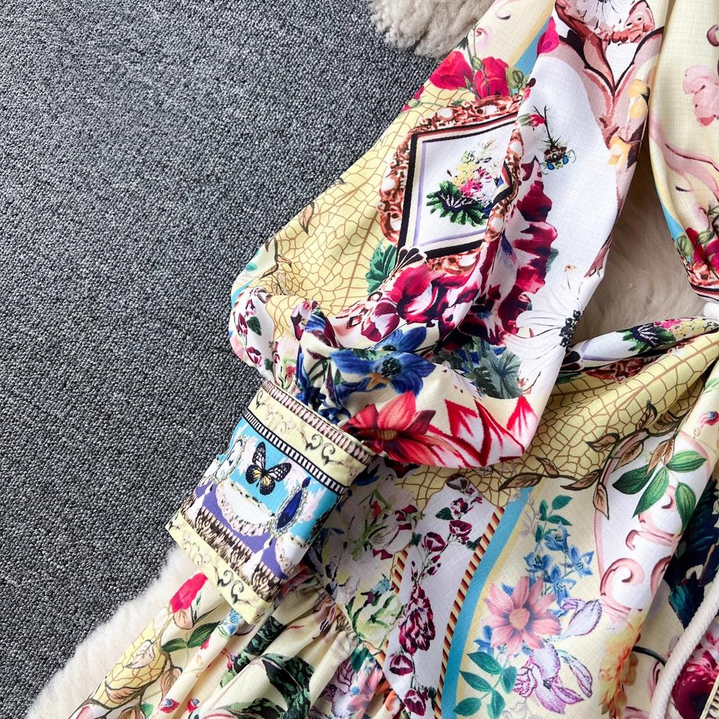 Осеннее праздничное винтажное длинное платье с цветочным принтом, женское платье-стойка с длинными рукавами и поясом на шнуровке, вечерние платья, свободные платья