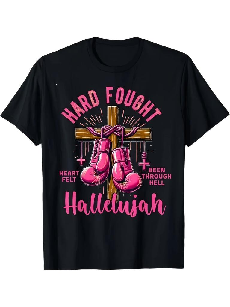 Men's Plus Size HARD FOUGHT Graphic Black T-Shirt - Featuring Pink Text, Boxing Gloves, and Spiritual Design for a Motivational Look
