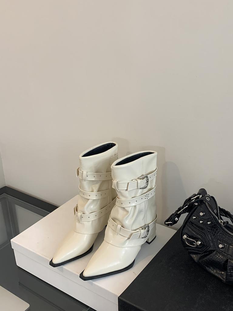 Модные женские сапоги с острым носком до середины голени, черные, коричневые, с пряжкой на ремне, на толстом высоком каблуке, женские, размер 35-39, модные туфли-лодочки