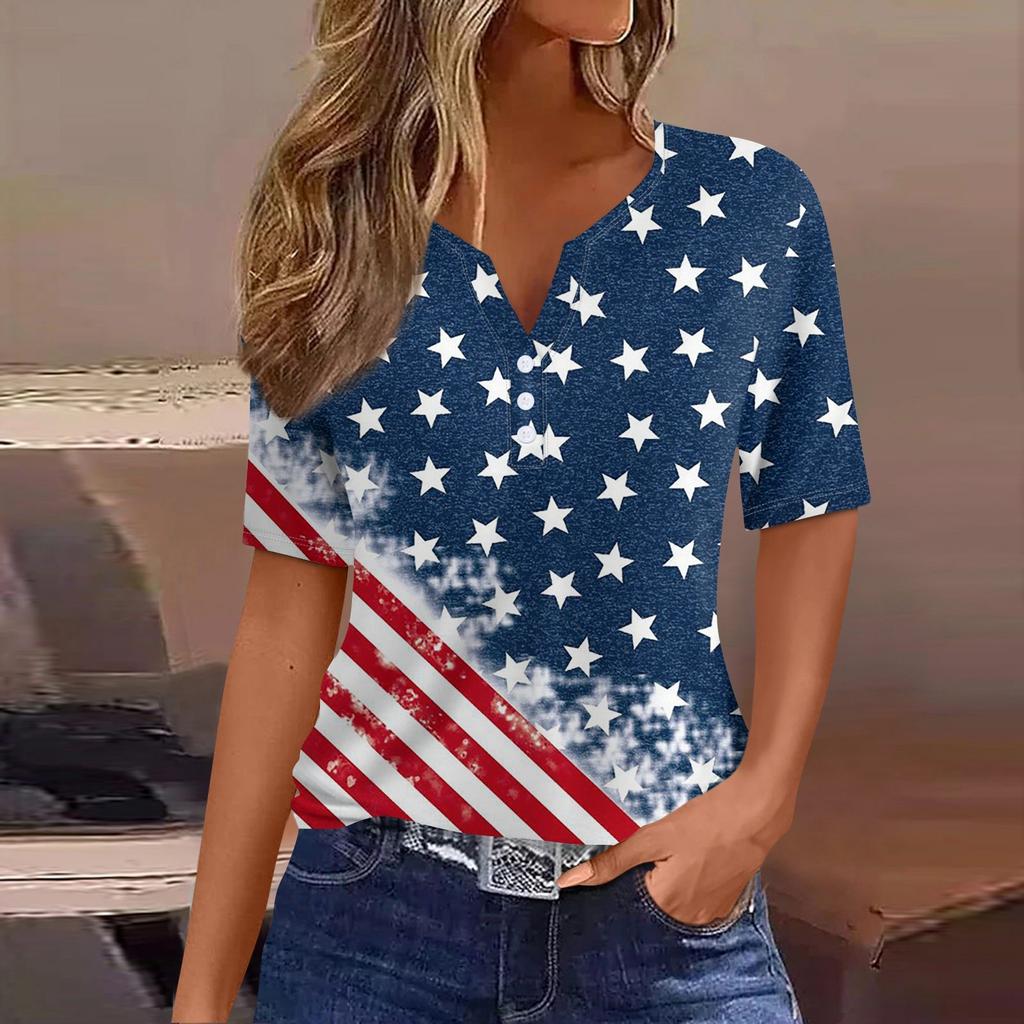 Жен. Футболка Футболка День независимости С принтом Пуговицы С короткими рукавами Повседневные Выходные Мода Классический Классический V-образный вырез Обычный Топ