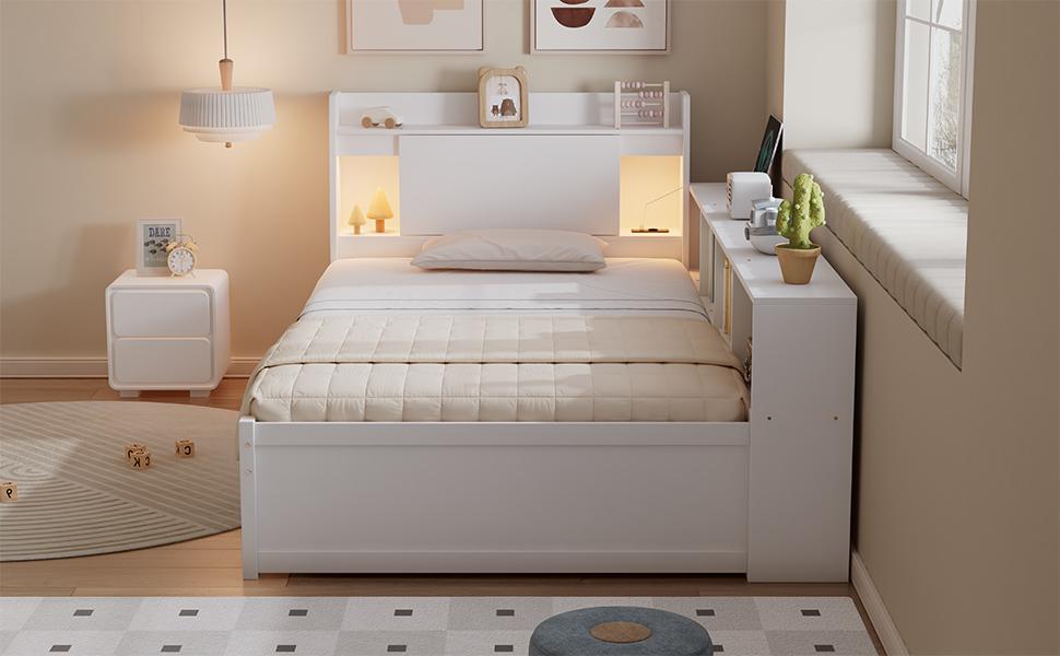 Single bed, headboard with storage compartment + 2 lights, with charging socket, storage cabinets and drawers, pine+chipboard+MDF, white, 90x200cm