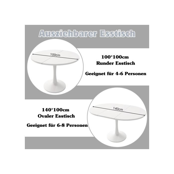 Table de salle à manger ovale - MUVOE - L 100/140 x L 100 x H 75 cm - Blanc - Design moderne