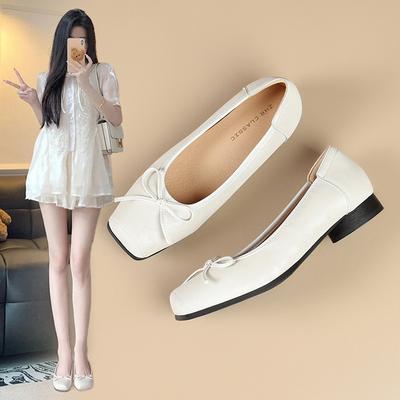 Туфли одинарные из натуральной кожи во французском стиле, квадратный носок, мягкая подошва, женские туфли с неглубоким вырезом и бантом, туфли для бабушки