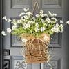 Door Hanger Basket Wreath Spring Summer Artificial Flowers in Wicker Basket for Front Door Rustic Rattan Hanging Basket Wreath for Home Porch Entryway