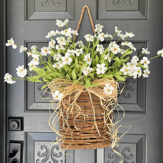 Door Hanger Basket Wreath Spring Summer Artificial Flowers in Wicker Basket for Front Door Rustic Rattan Hanging Basket Wreath for Home Porch Entryway