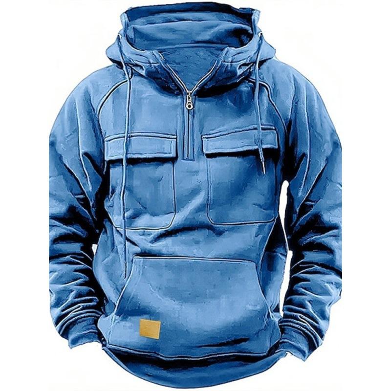 New Men's Solid-Colour Hooded Sweatshirt with Multiple Pockets Leather-Patch Detail Zip-Up Jacket