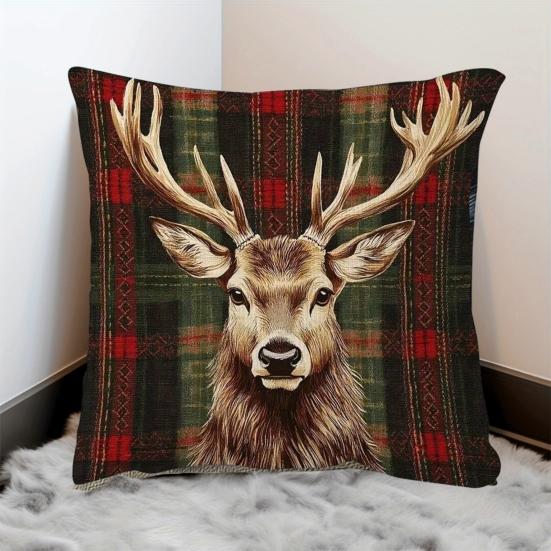 Christmas Elk Pillow Cover Red Green Plaid Elk Head Throw Pillow Cover 18 Inch X 18 Inch Winter Festive Pillowcase for Home Couch Sofa Bed Decoration