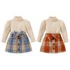 Комплект из двух предметов для девочек до 4 лет, однотонные топы с высоким воротником и клетчатая юбка