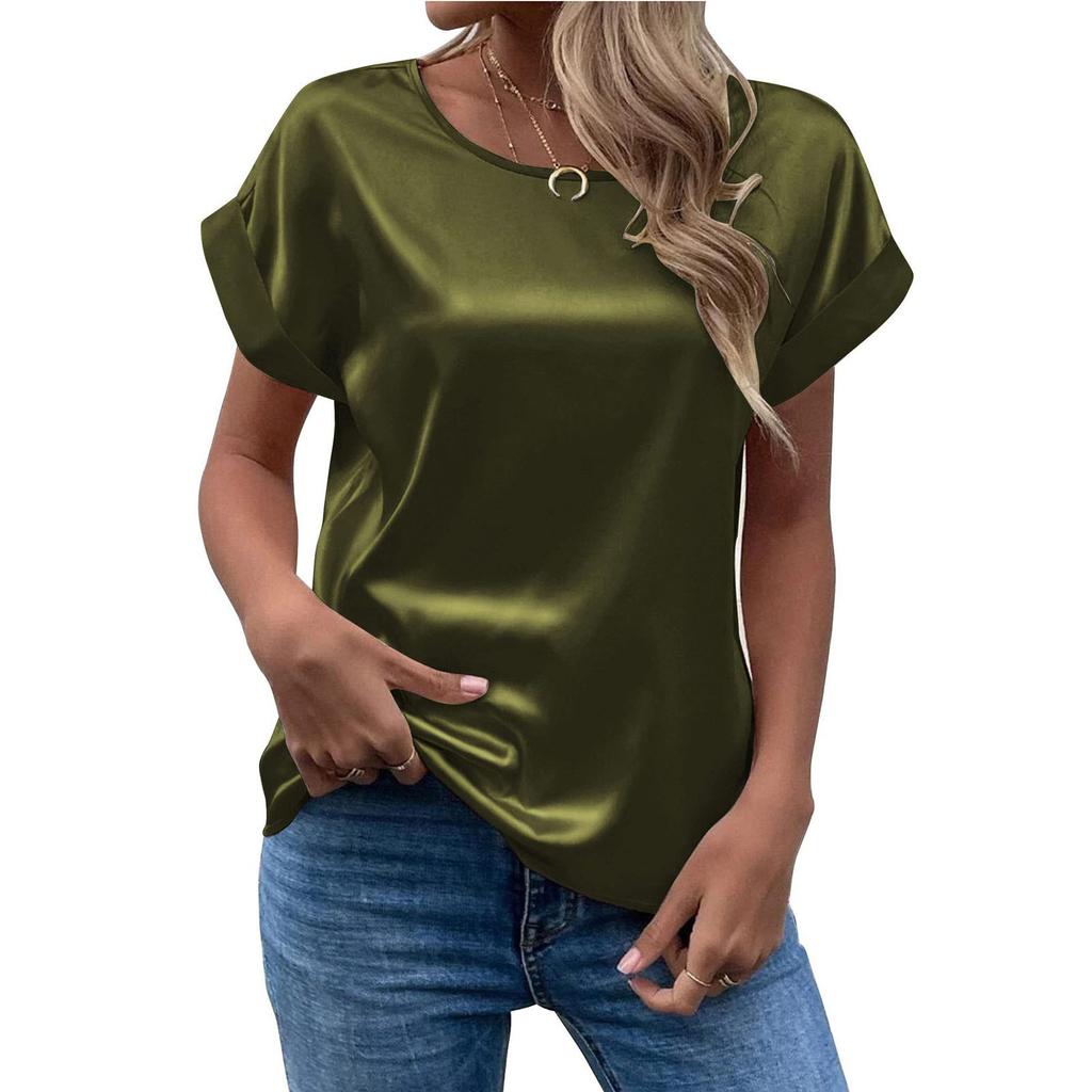 Women's T-Shirt Summer Elegant Solid Round Neck Rolled Short Sleeve Satin Silk Blouse Tops