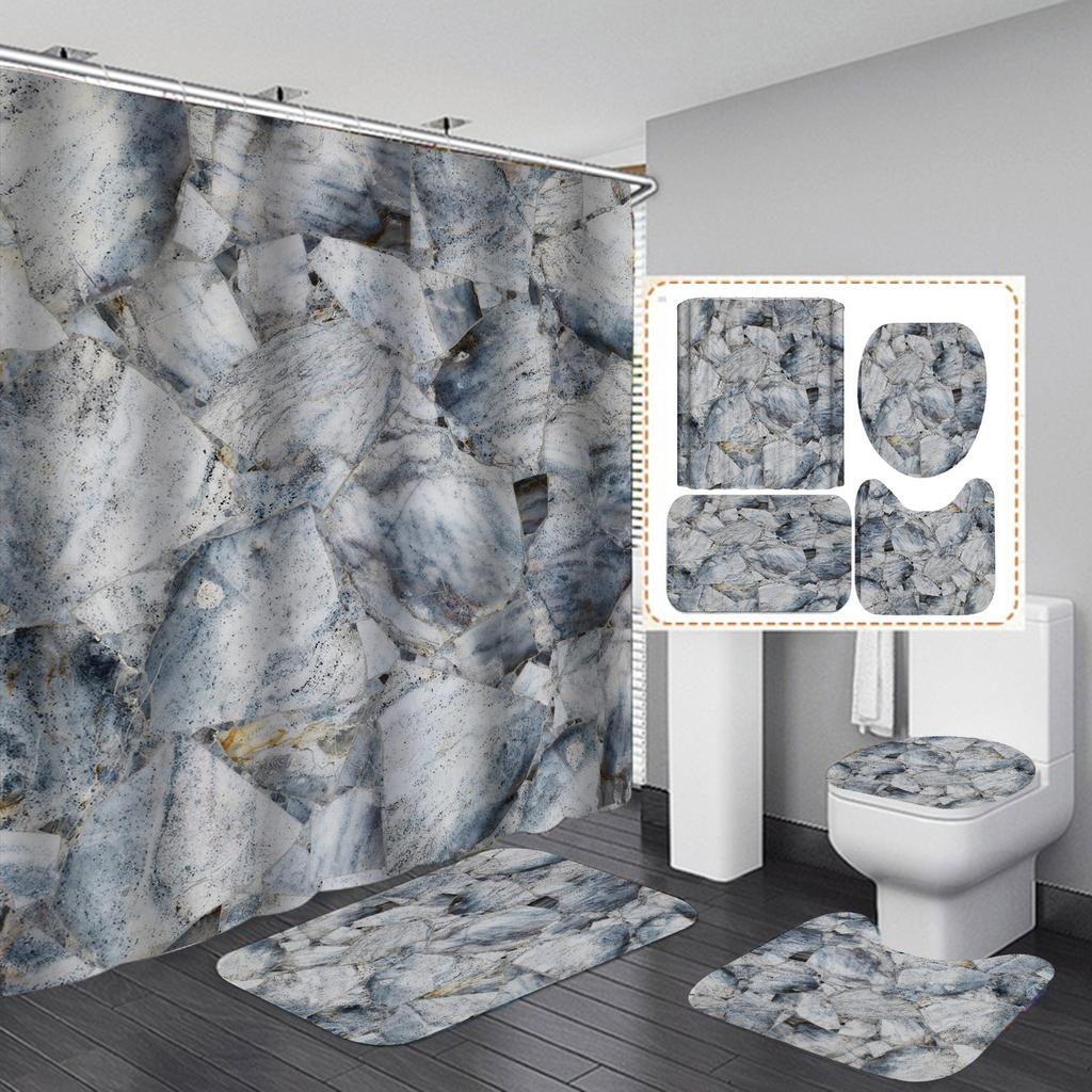 4Pcs Luxury Marble Shower Curtain Sets Bathroom Decor Sets with 12 Hooks Bath Mat Toilet Lid Rug and Non-Slip U Shape Mat