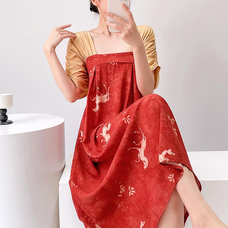 Women's nightgown cotton silk thin short-sleeved printing light luxury simple breathable casual loungewear long skirt can be worn outside