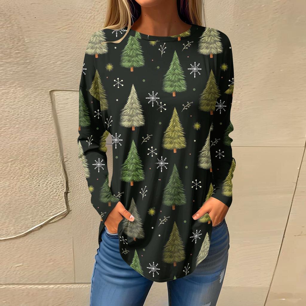 Футболки для женщин, осенние повседневные рубашки с длинным рукавом, толстовки с винтажным графическим принтом, топы, пуловеры, рождественские