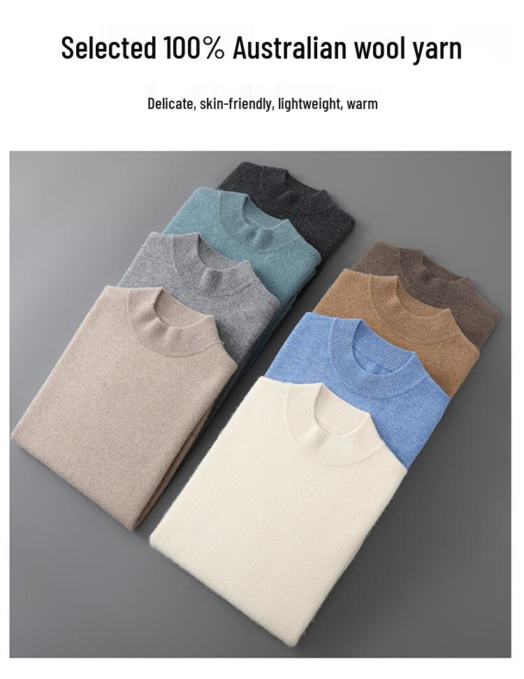 Мужской свитер из 100% чистой шерсти: Вязаный пуловер с полувысоким воротником, повседневный свободный свитер из кашемира, базовый слой одежды.