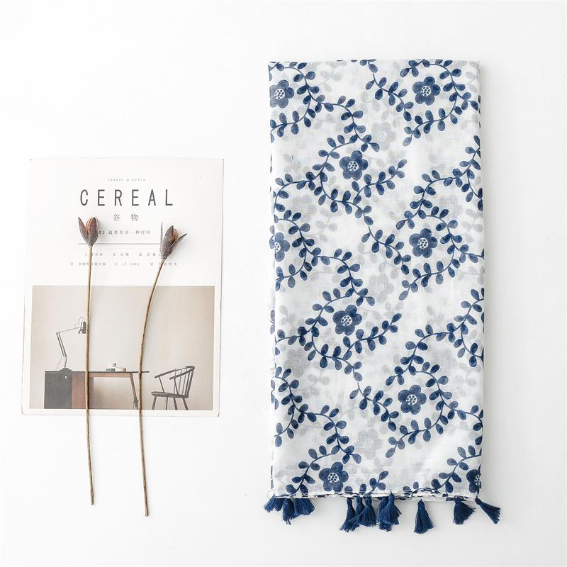 Шарф из хлопка и конопли Four Seasons, ретро-арт, этнический стиль, синий цветок, балийский шелковый шарф, туристическая шаль