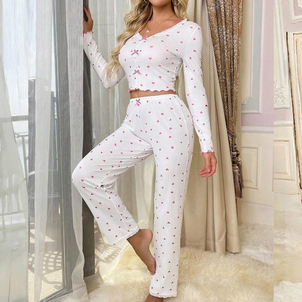 Женская домашняя одежда пижама брюки с длинным рукавом свободная и удобная сексуальное кружево принт с сердечками V-образный вырез комплект из двух предметов