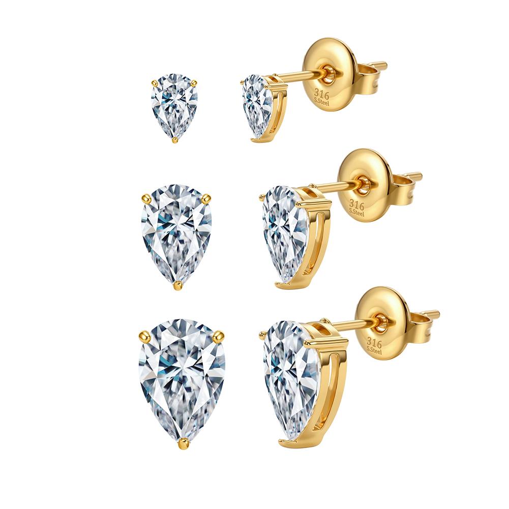 HTKE16 316 Stainless Steel Pear Shaped Cubic Zirconia Stud Earrings Multi Sizes Sparkle Ear Jewelry for Women Non Tarnish
