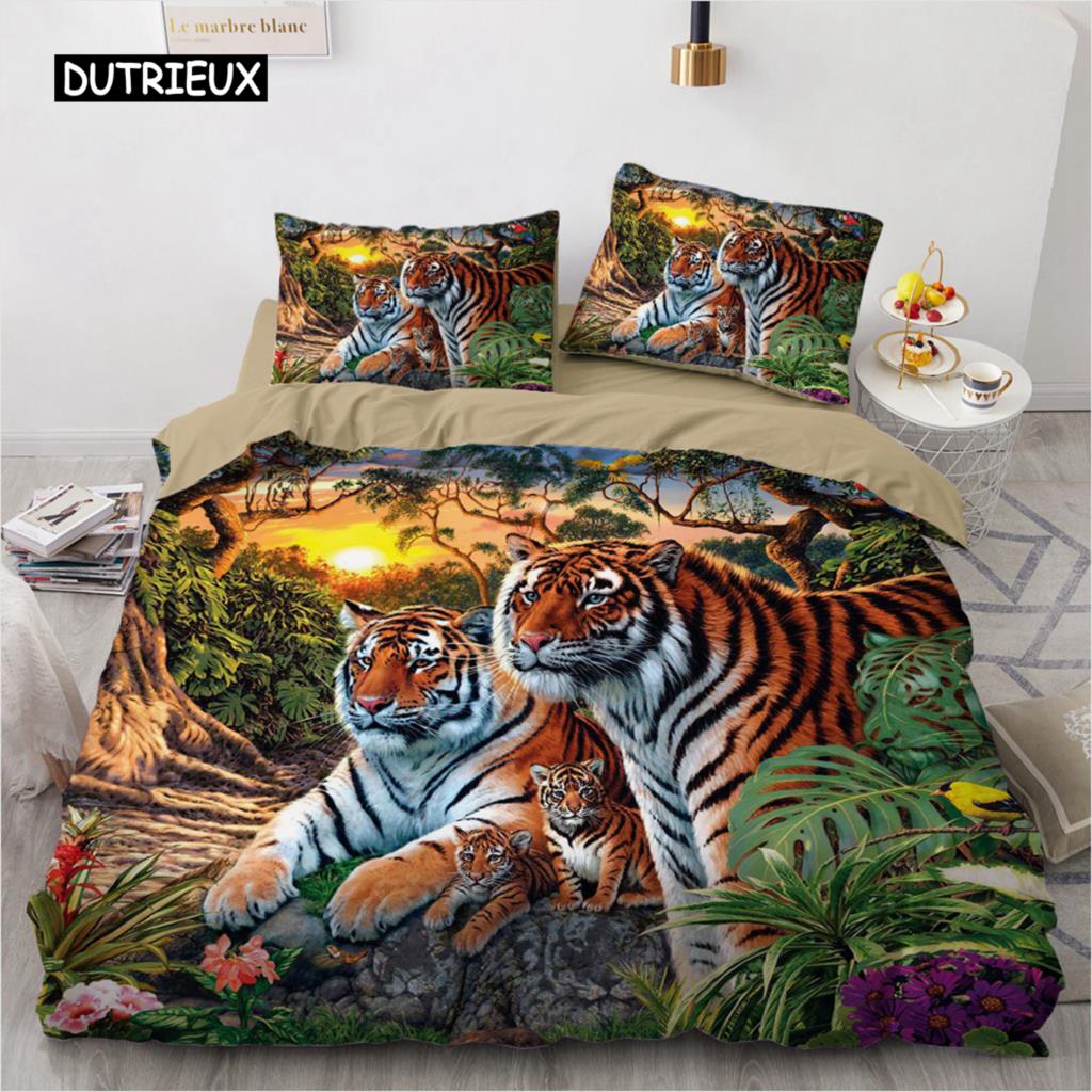 Комплект постельного белья 3D, черный пододеяльник, комплект стеганого одеяла, наволочка, размер King Queen, полиэстер с принтом тигра и животных