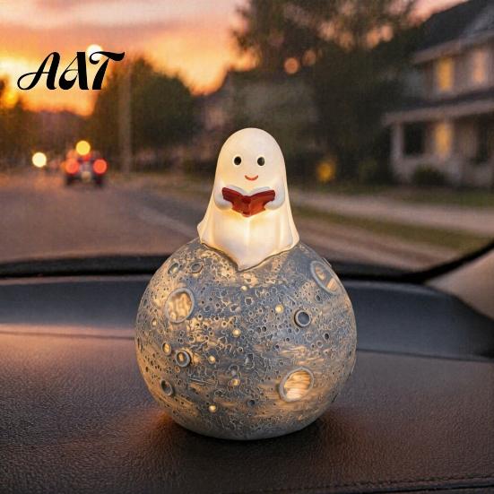 Fall Seasonal Decoration Cute Ghost Reading Book Ornament, Luminous Resin Figurine, Glowing Moon Night Light for Halloween Home Desktop Car Dashboard