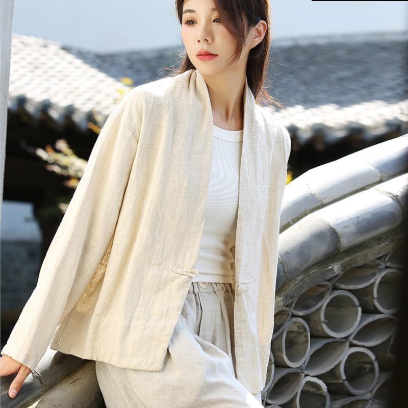 Johnature Autumn Woman Linen Vintage Disc Buckle Suit Coat Solid Color V-Neck Retro Loose Long Sleeves Coat