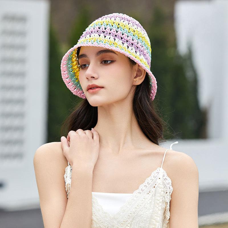 Colorful Woven Paper Women's Spring/Summer Hollow-Out Fisherman Breathable Windproof Sun Protection Face-Slimming Bucket Hat