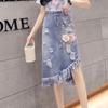 3D Floral Embroidered Denim Skirt with Tassel and Irregular Hem for Women
