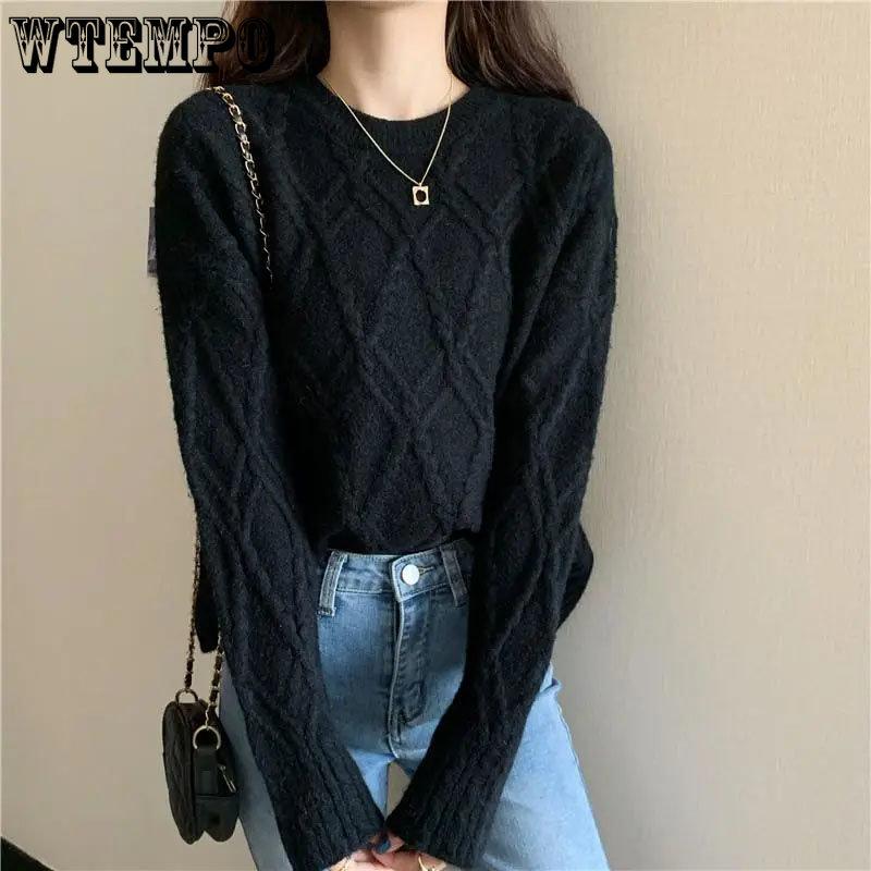 White Knitted Fried Dough Twist Women Sweater Loose Knit Pullover Simple Casual Commute Sweet Long Sleeve Top Bottoming Shirt