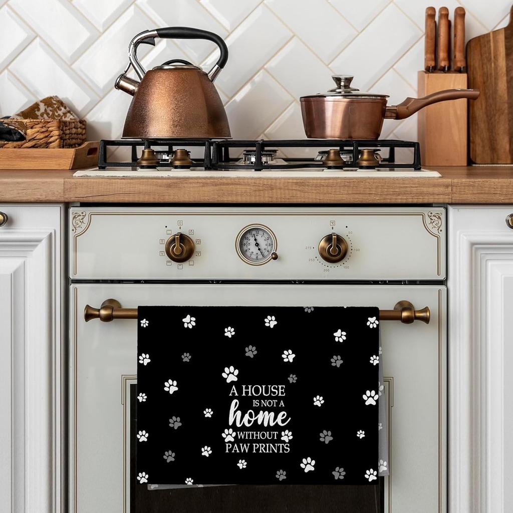 Black Paw Farmhouse Kitchen Towels Decor Gifts for Women Pet Lovers, A House is Not A Home Without Paw Prints Decorative Bathroom Towels, Funny Dish