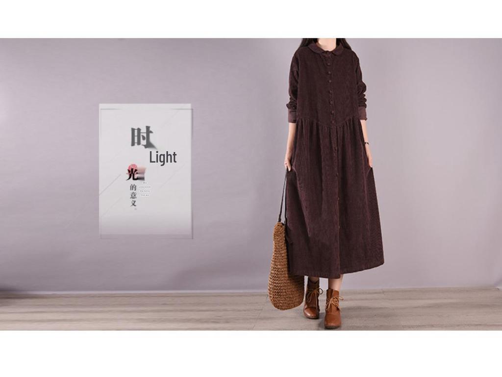 2025 Весна/Осень Ретро Вельветовое Свободное Платье с Длинным Рукавом Однотонное