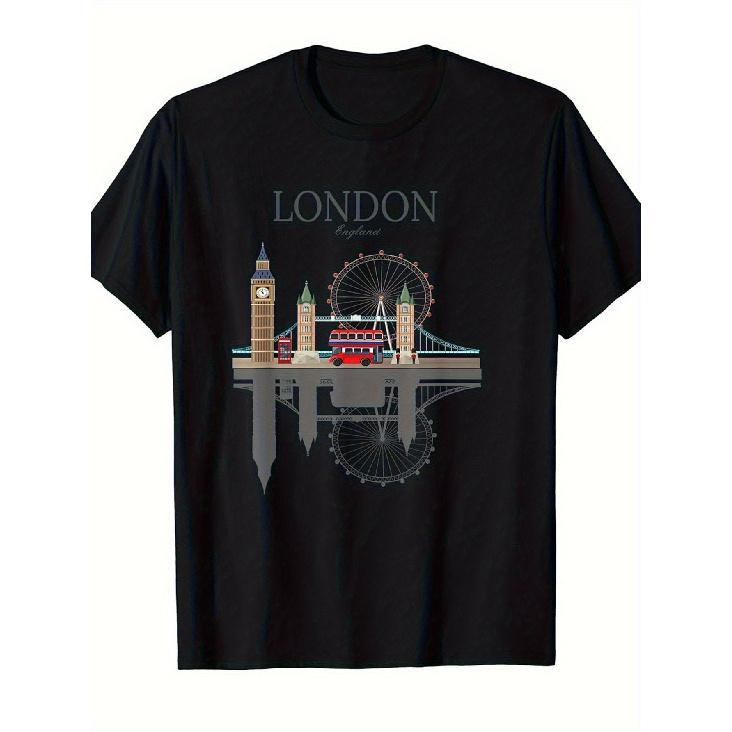 London Souvenir T-Shirt for Men & Women - Vintage British UK Landmarks (Big Ben, London Eye, Red Bus, Taxi, Phone Box) - Iconic London Bridge & Tower