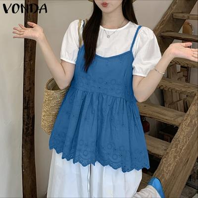 Женская блузка с коротким рукавом, спереди вязаная крючком, пэчворк, имитация двух частей