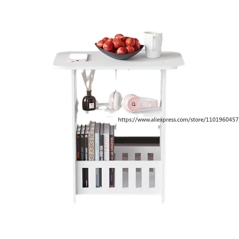 Прикроватная тумбочка Шкафчик для спальни Пластиковый двухслойный прикроватный шкаф Книжная полка Стеллаж для хранения мелочей Гостиная Мини-журнальный столик