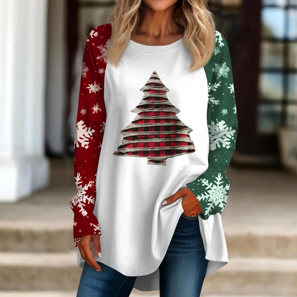Women's Casual  Plus Size Long Sleeved Round Neck Christmas Printed T-shirt Top Pullover