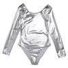 Womens Long Sleeve Shiny Metallic Gymnastics Dance Leotard Stage Performance Jumpsuit