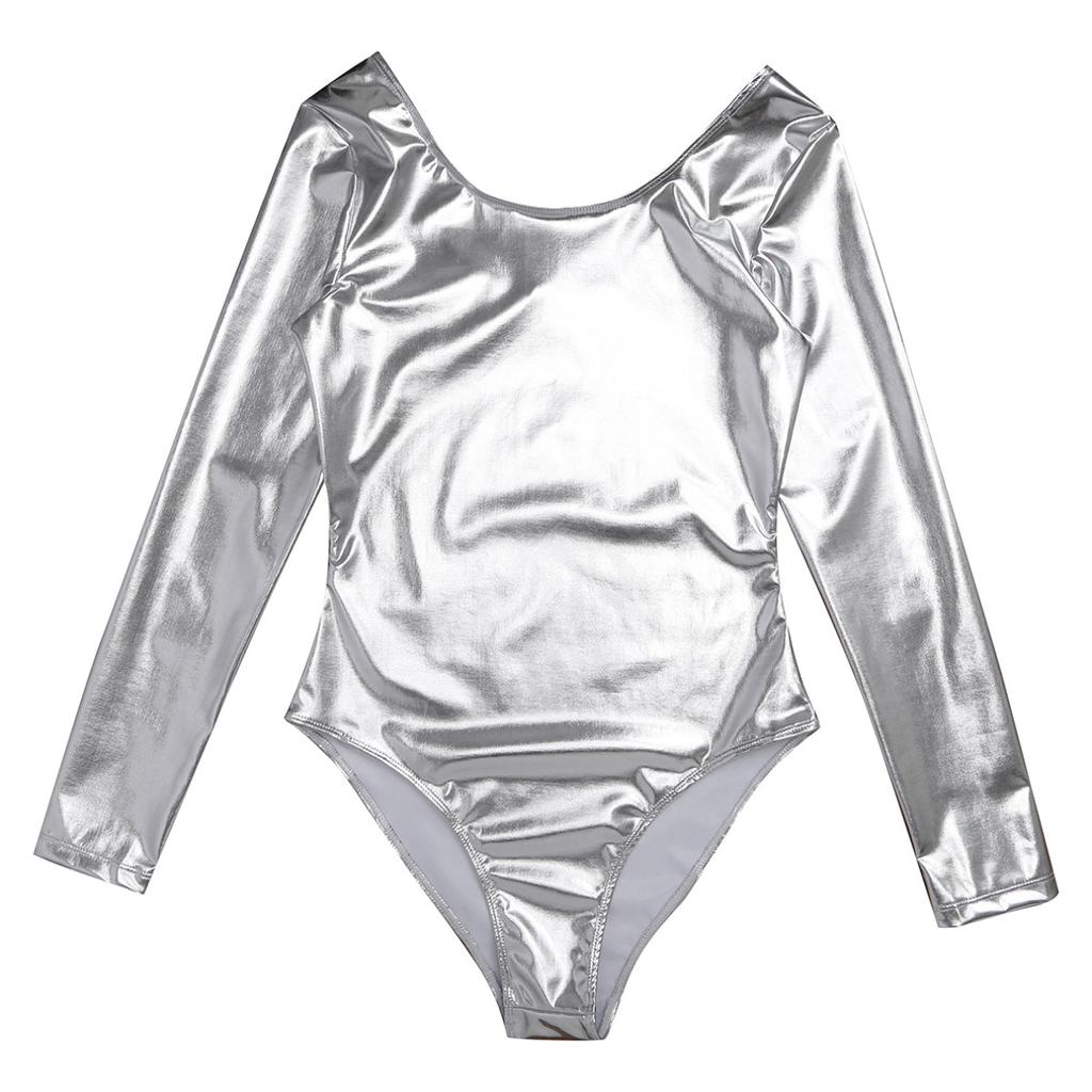 Womens Long Sleeve Shiny Metallic Gymnastics Dance Leotard Stage Performance Jumpsuit