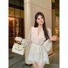 Women's 2024 Summer Retro White Chiffon Mini Dress with Ruffled Long Sleeves and Diamond Collar.
